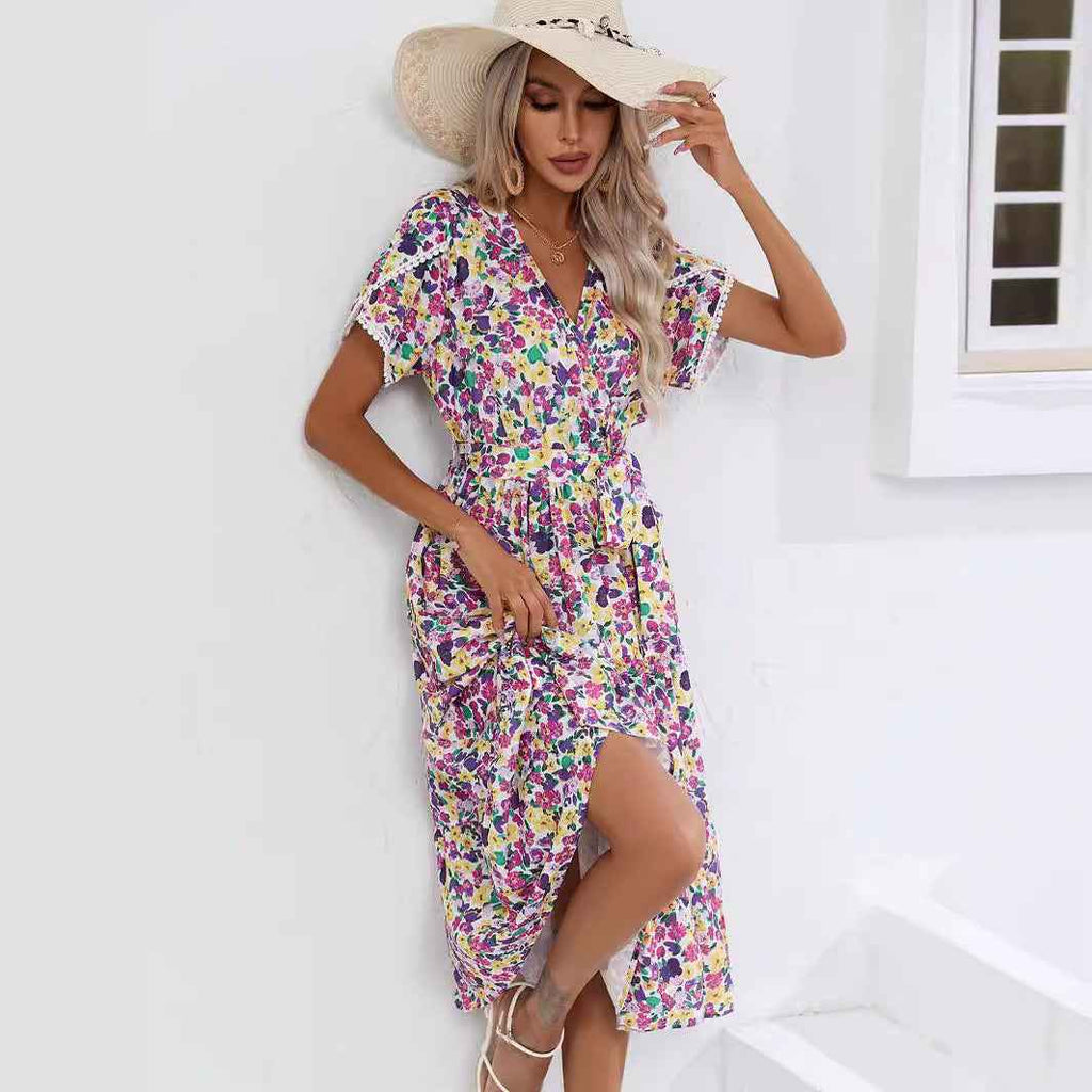 Women's Summer Floral Split V-neck Dress