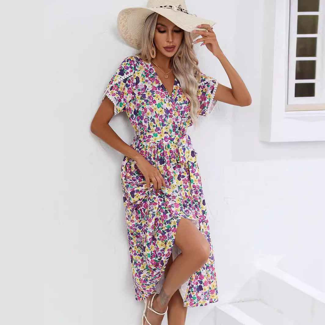 Women's Summer Floral Split V-neck Dress