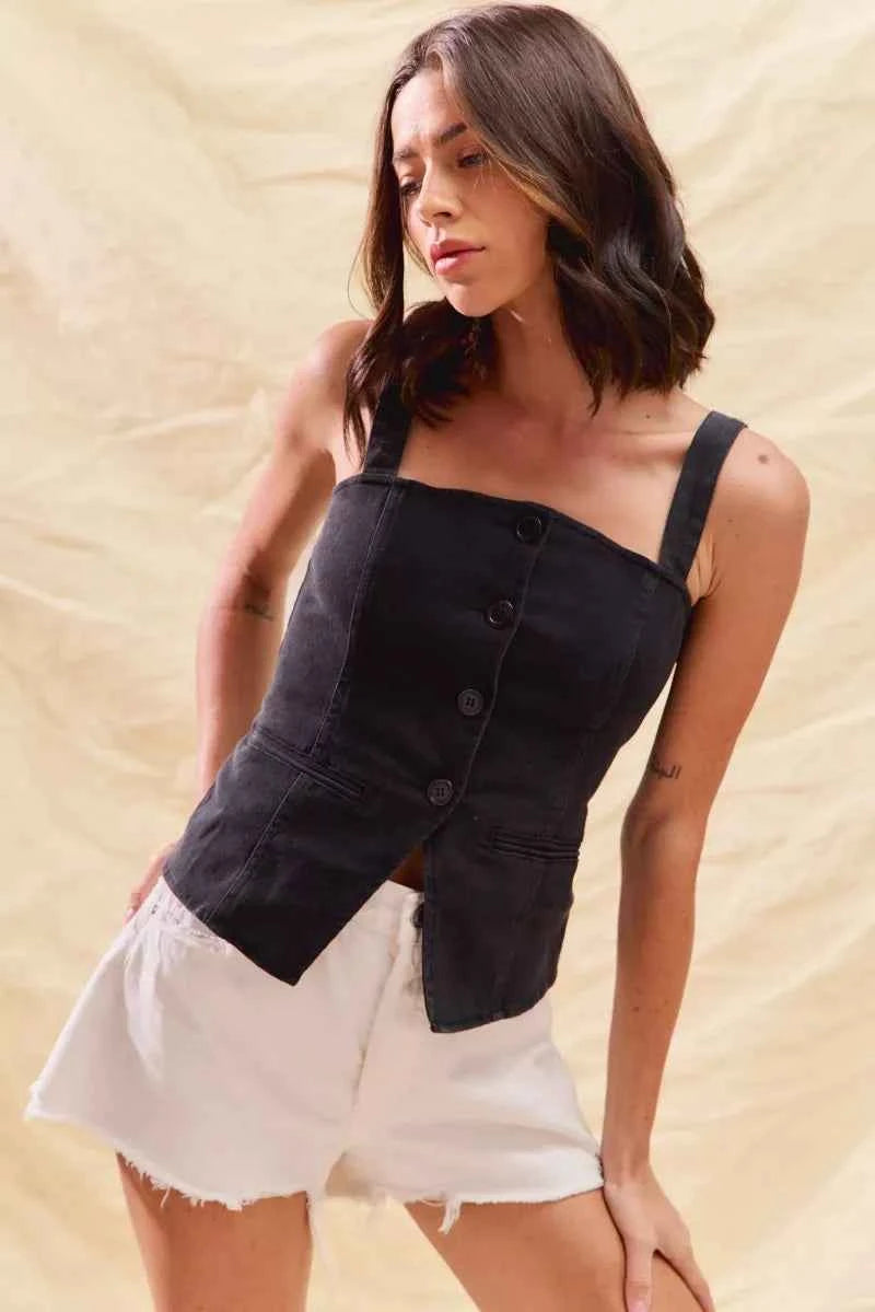 SO ME Button Down Sleeveless Game Day Fitted Denim Top