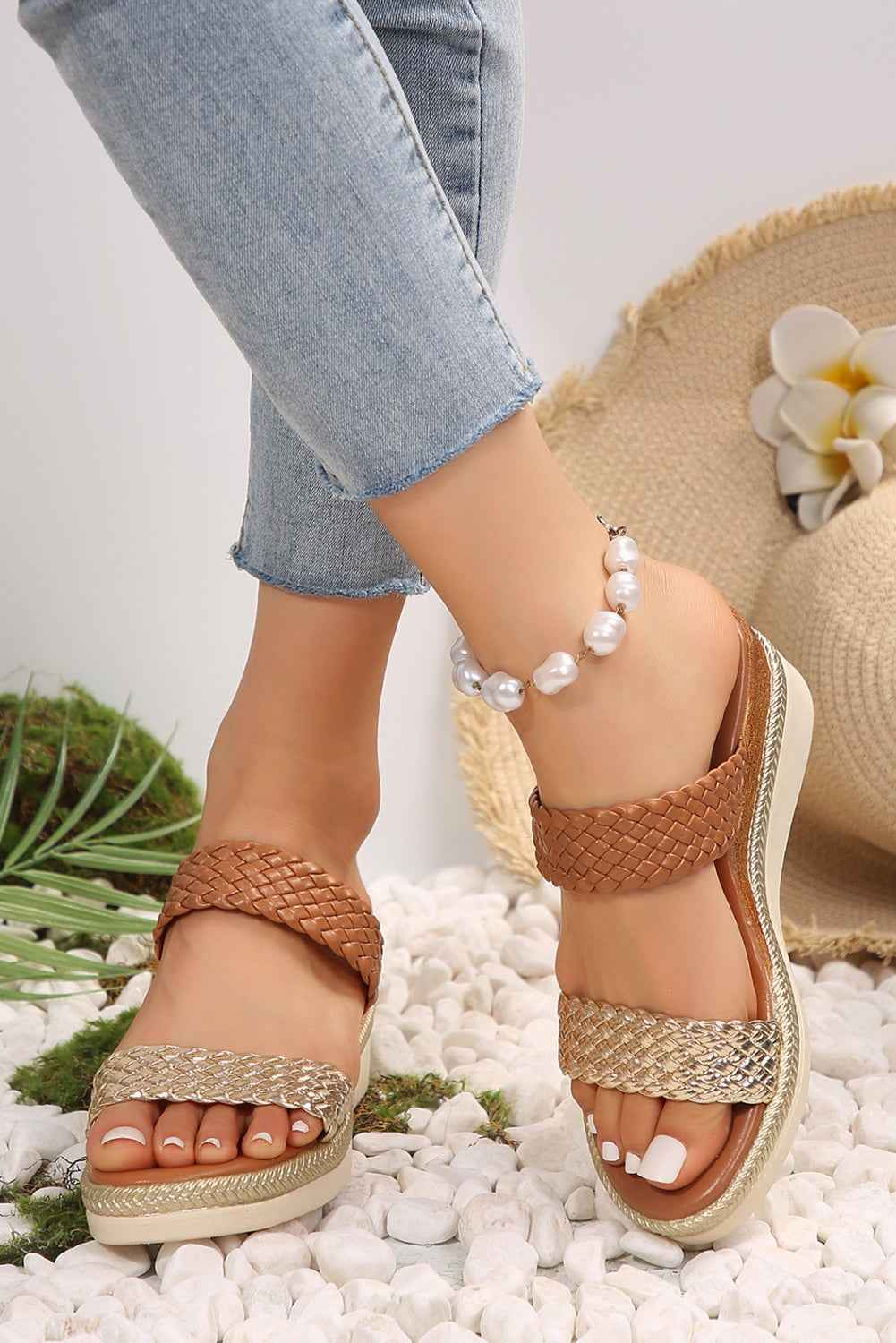 Gold Woven Two Band Color Block Wedge Slippers