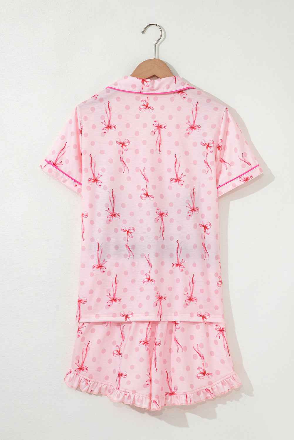 Pink Bow Print Contrast Pipping Short Pajamas Set