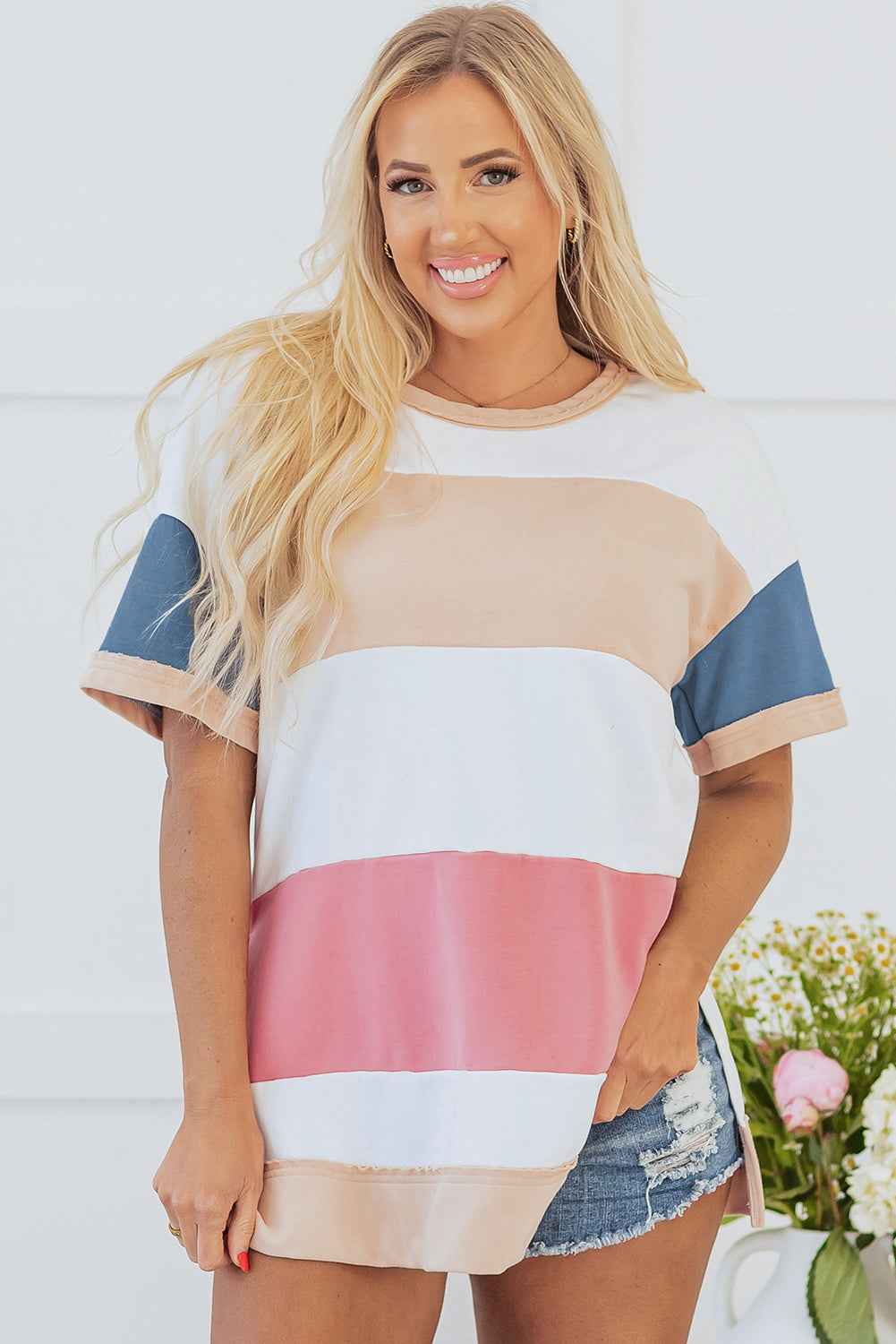 Multicolour Colorblock Patchwork Side Split Tunic T Shirt