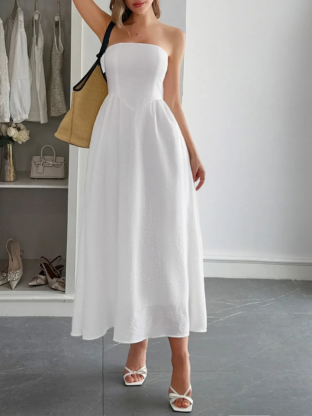 Strapless A-Line Midi Dress with Pockets by Shopiebay