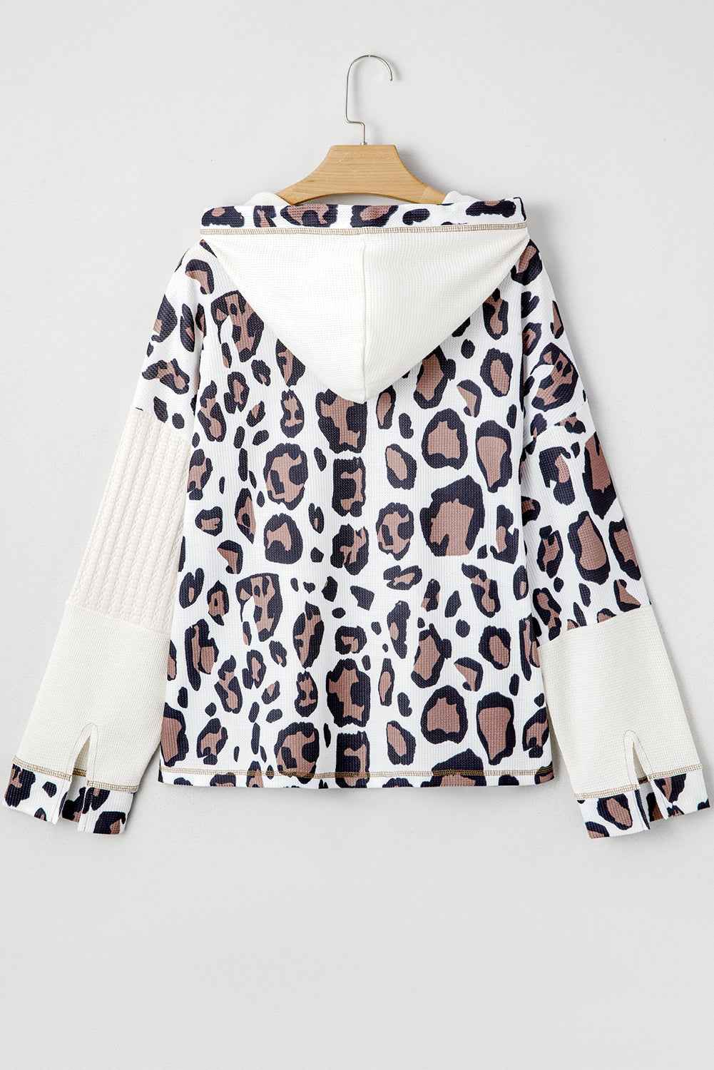 Apricot Leopard Mixed Texture Patchwork Zip Up Drop Shoulder Hoodie