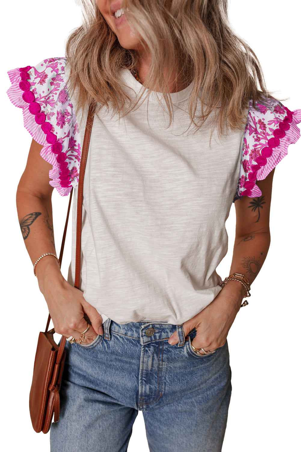 Rose Floral Striped Patchwork Flutter Sleeve Blouse