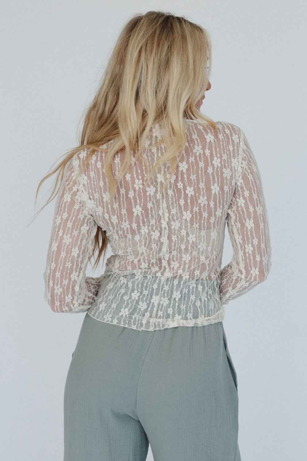 White Sheer Floral Lace Long Sleeve Slim Fit Top