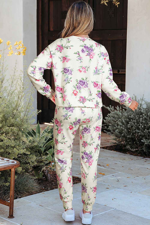 Apricot Floral Print Pullover Drawstring Lounge Pants Set by Wild and Free Boutique