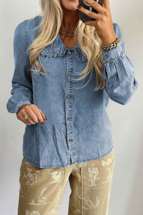 Beau Blue Ruffled Peter Pan Collar Western Denim Shirt by Wild and Free Boutique