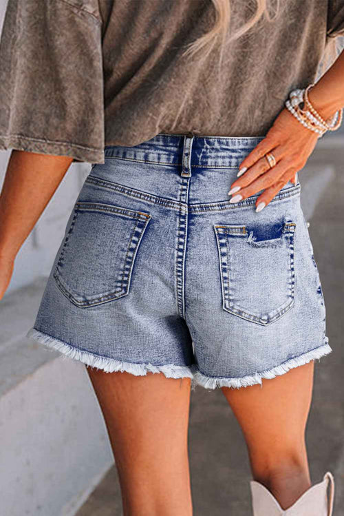 Beau Blue Pearl Studded Pocket Raw Hem Denim Shorts by Wild and Free Boutique