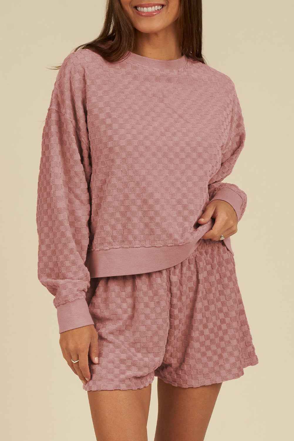 Blossom Checkered Textured Long Sleeve Top and Shorts Set