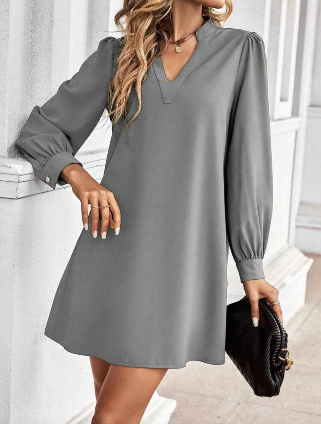 Solid Color And V-neck Loose Long Sleeve Shirt Dress