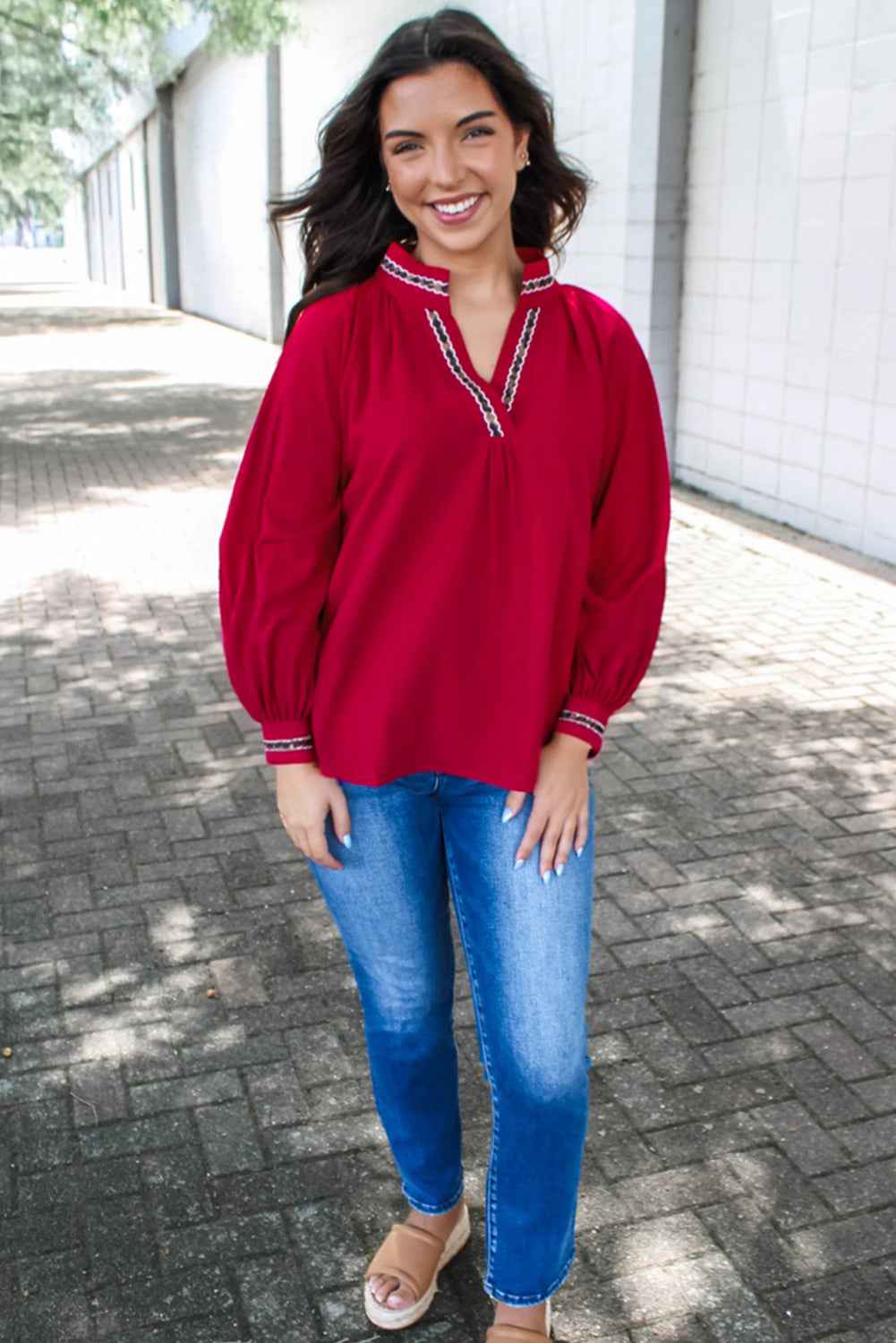 Racing Red Leopard Jacquard Print V Neck Textured Blouse
