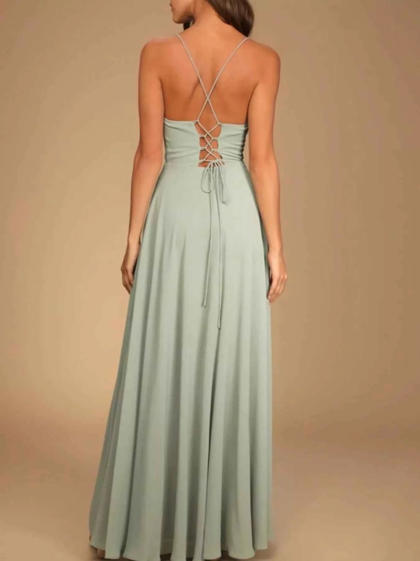 Backless Cowl Neck Lace-Up Slit Maxi Dress