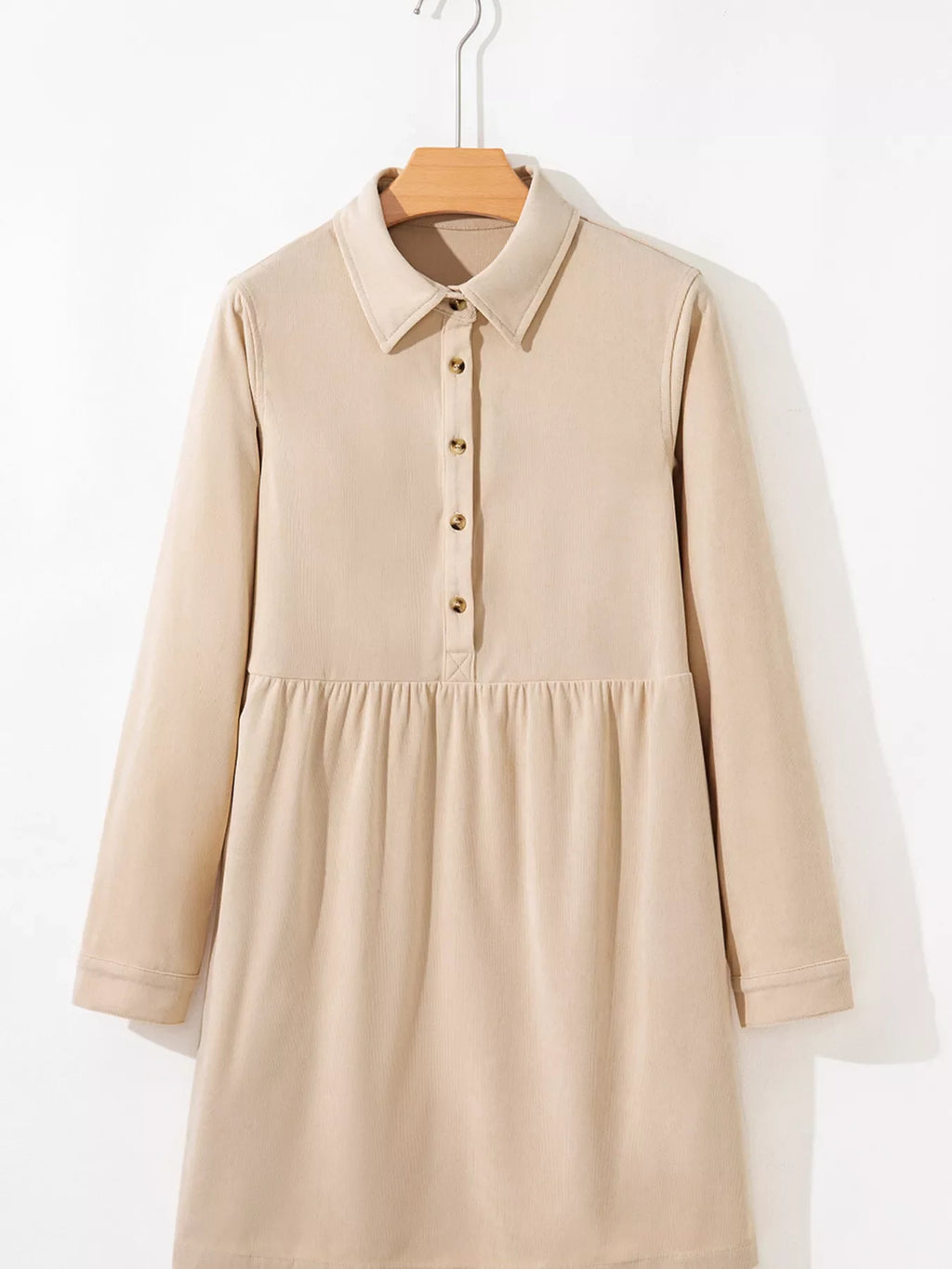 Corduroy Half Button Collared Long Sleeve Mini Dress by Shopiebay