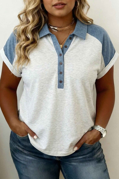 Beige Plus Size Contrast Denim Patchwork Cuffed Sleeve Polo Tee by Wild and Free Boutique