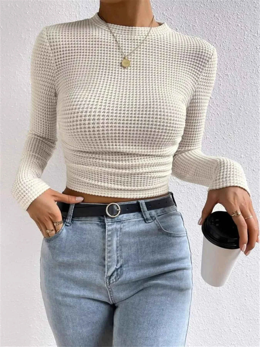 Waffle Knit Long Sleeve T Shirt