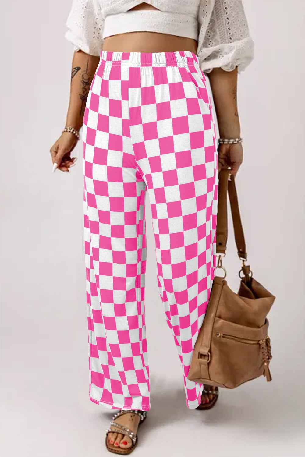 Red 2-Tone Checked Print High Waist Wide Leg Pants