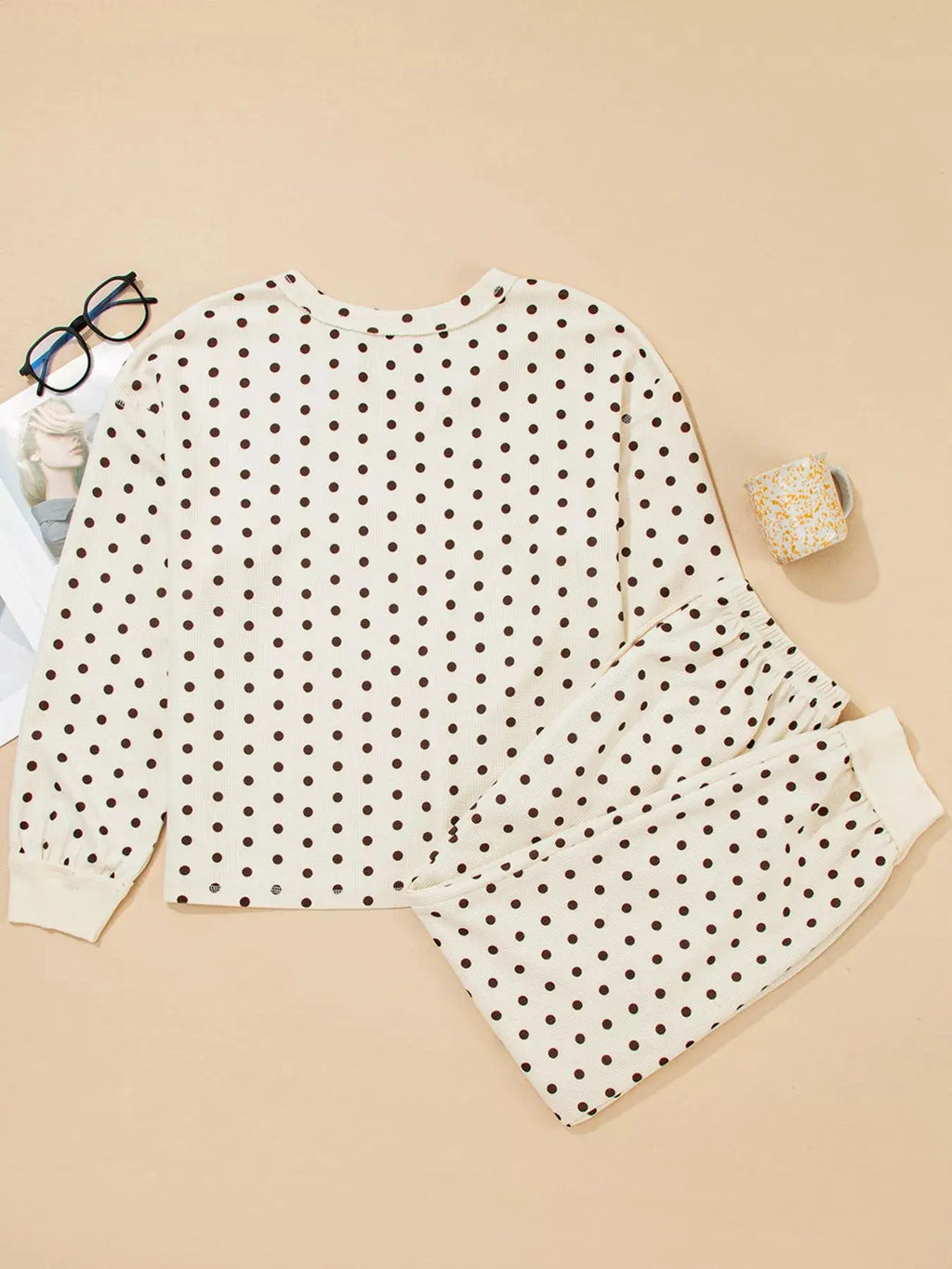 Polka Dot Notched Long Sleeve Top and Drawstring Loungewear Set