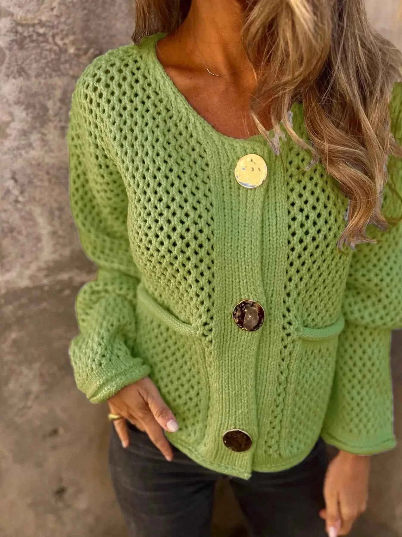 Crochet Button Up Long Sleeve Cardigan