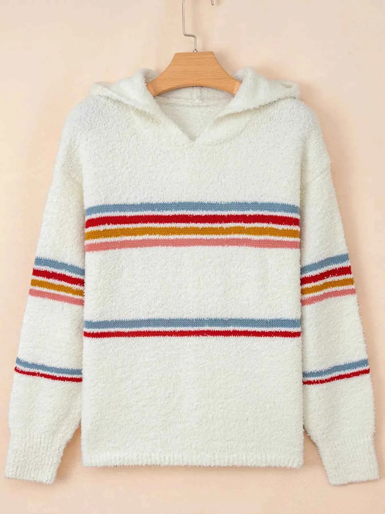 Multicolored Striped Accent Popcorn Hooded Sweater by Be Bliss Boutique