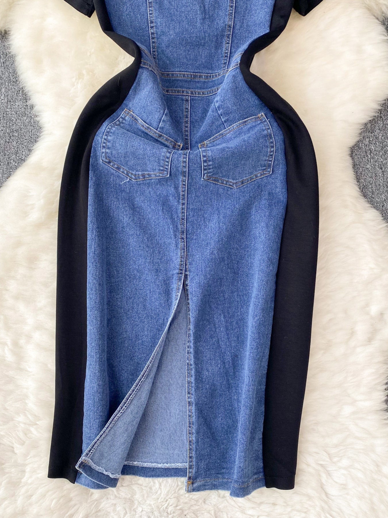 Full Size Denim Patchwork Short Sleeve Slit Back Dress Plus Size by Shopiebay