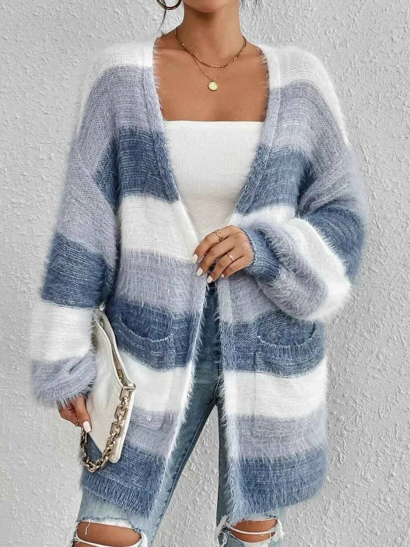 Striped Fuzzy Knit Open Front Cardigan