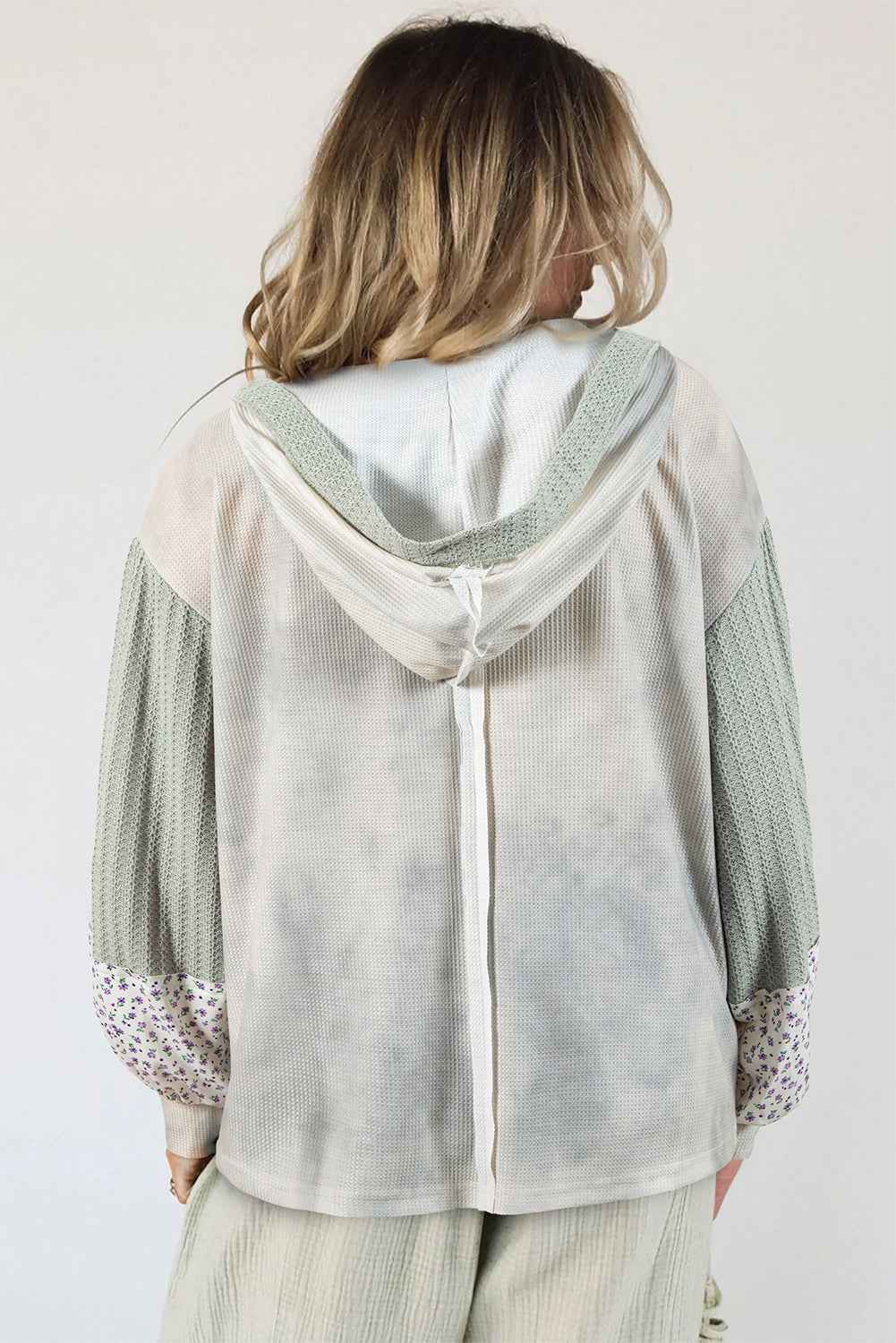 Green Floral Textured Colorblock Patchwork Lantern Sleeve Hooded Top