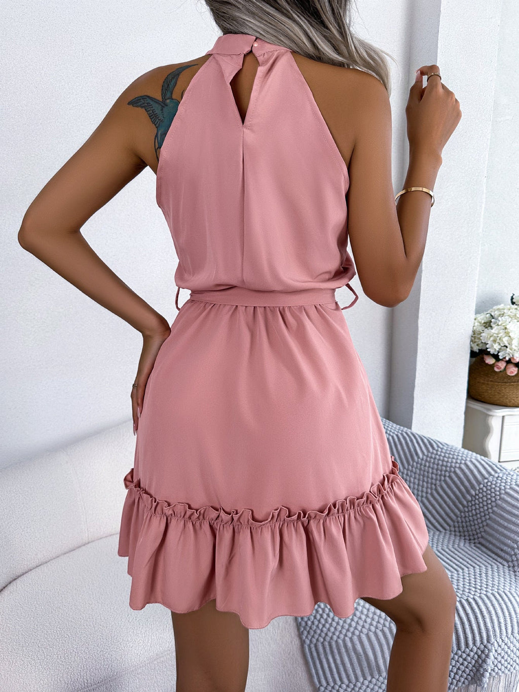 Halter Neck Ruffle Hem A-Line Dress by Shopiebay