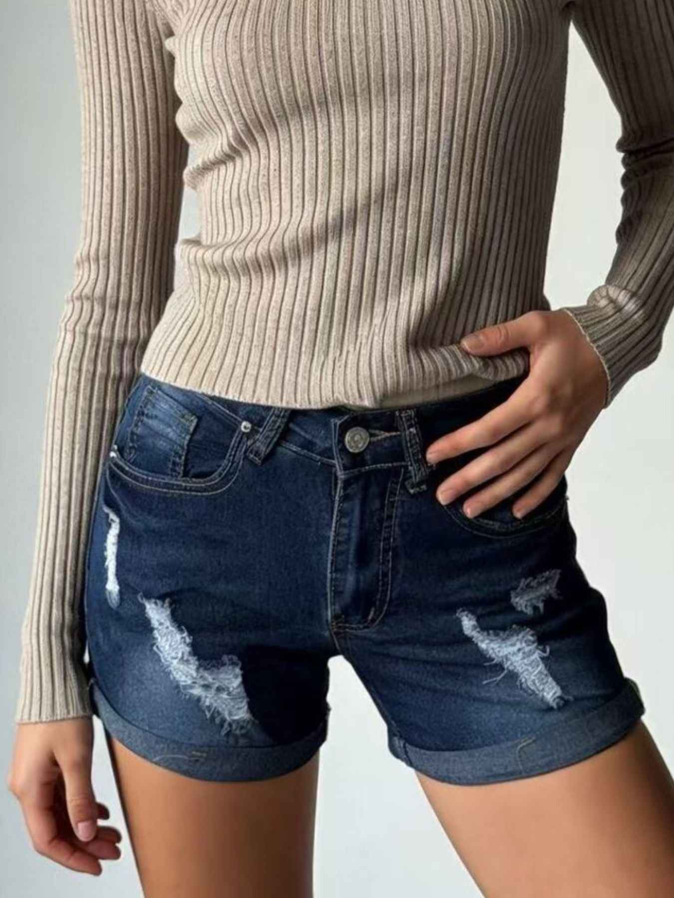 Washed Distressed Denim Shorts
