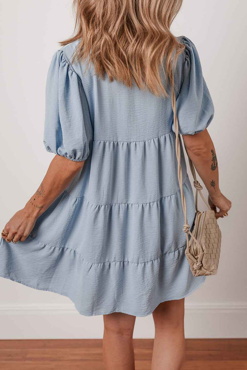 Beau Blue Shirt Collar Button Up Short Puff Sleeve Tiered Shift Dress by Wild and Free Boutique