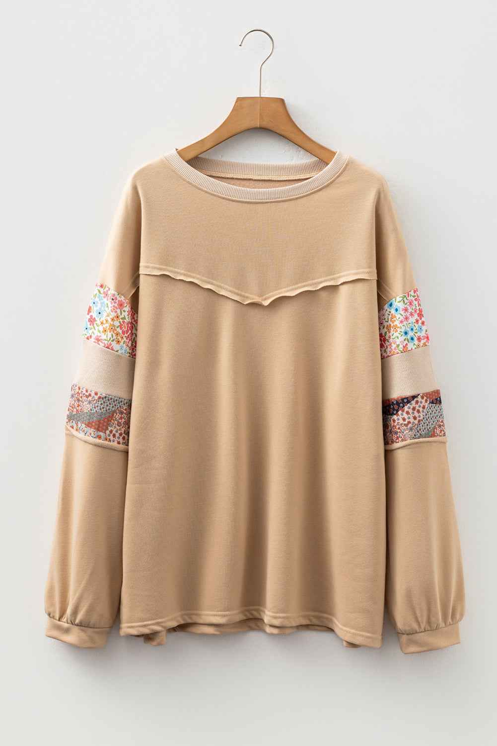 Khaki Exposed Seam Floral Mixed Patchwork Plus Size Top