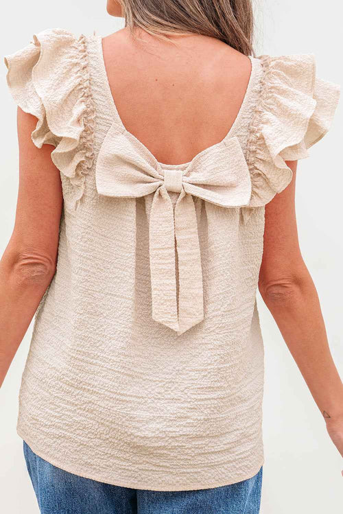 Beige Textured Bow Knot Frilled Butterfly Sleeve Blouse by Wild and Free Boutique