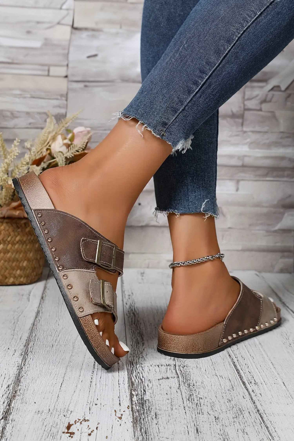 Coffee Two-tone Retro Buckle Straps Hollowed Faux Suede Slippers