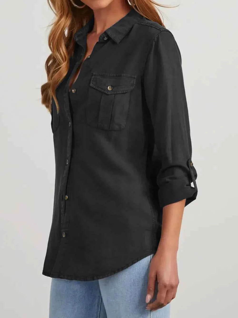 Collared Neck Roll-Tab Sleeve Womens Denim Shirt
