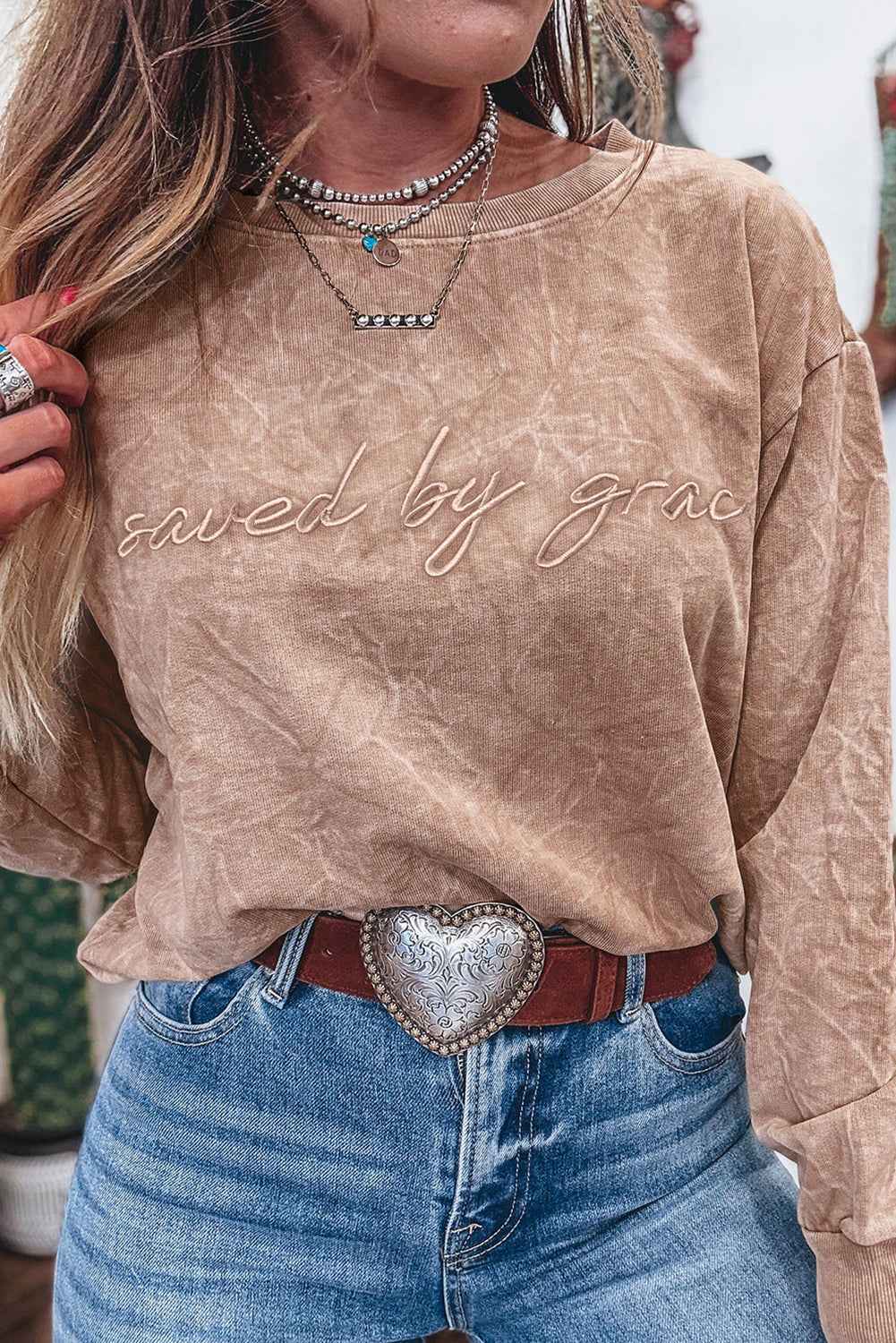Dune saved by grace Letter Embroidery Mineral Wash Loose Sweatshirt