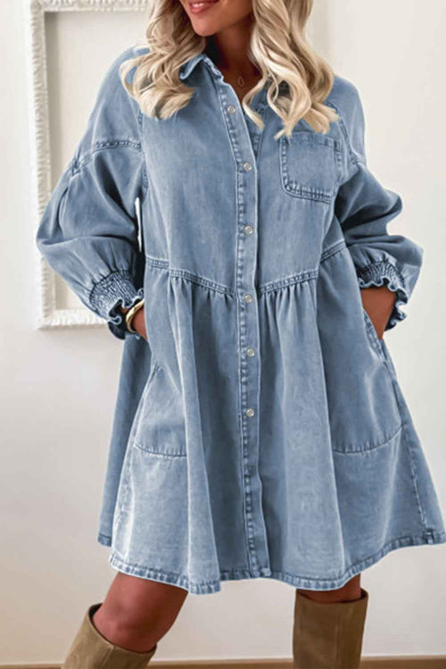 Beau Blue Smocked Cuffs Flared Denim Shirt Mini Dress by Wild and Free Boutique
