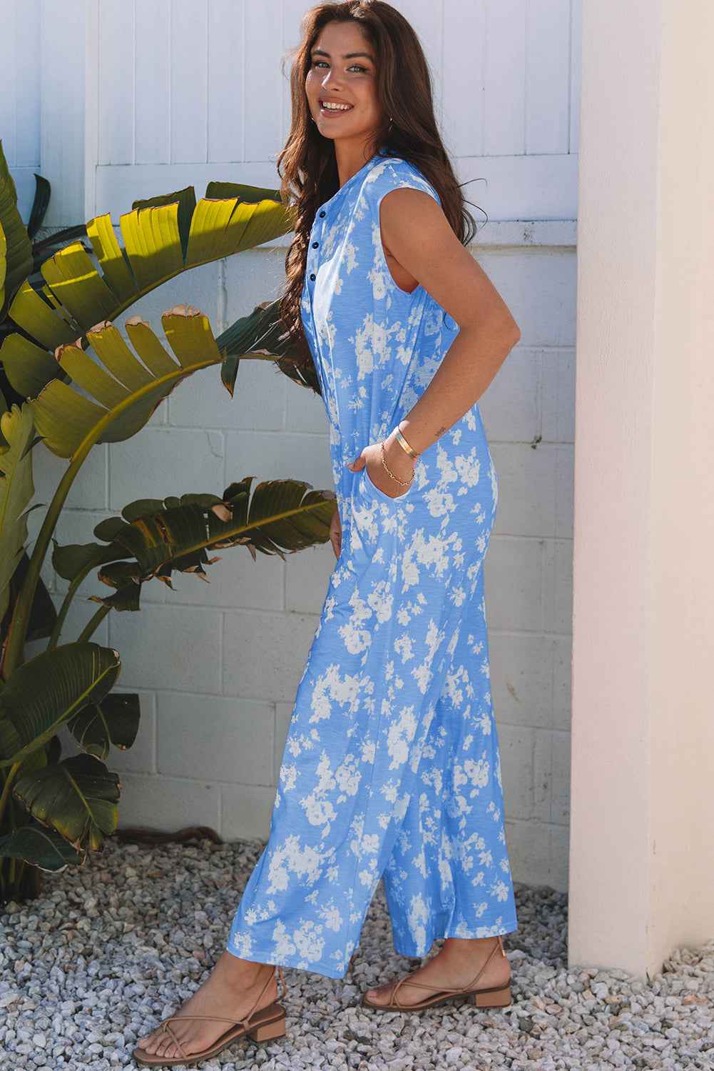 Myosotis Floral Print Half Button Wide Leg Relaxed Sleeveless Jumpsuit