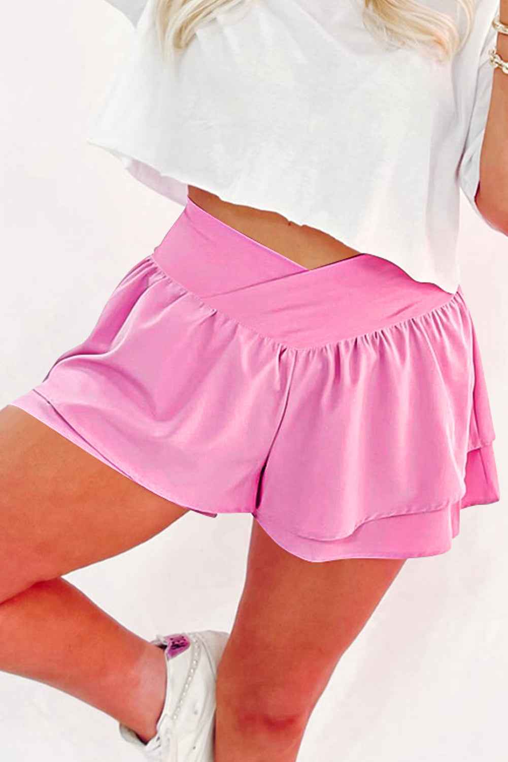 Bright Pink Crossed Waist Tiered Flowy Shorts