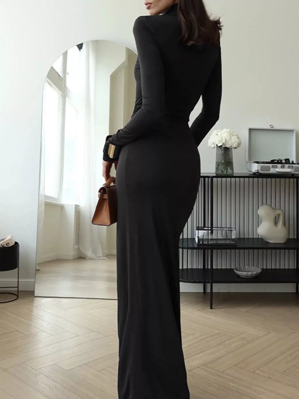 Turtleneck Long Sleeve Slit Maxi Dress by Shopiebay