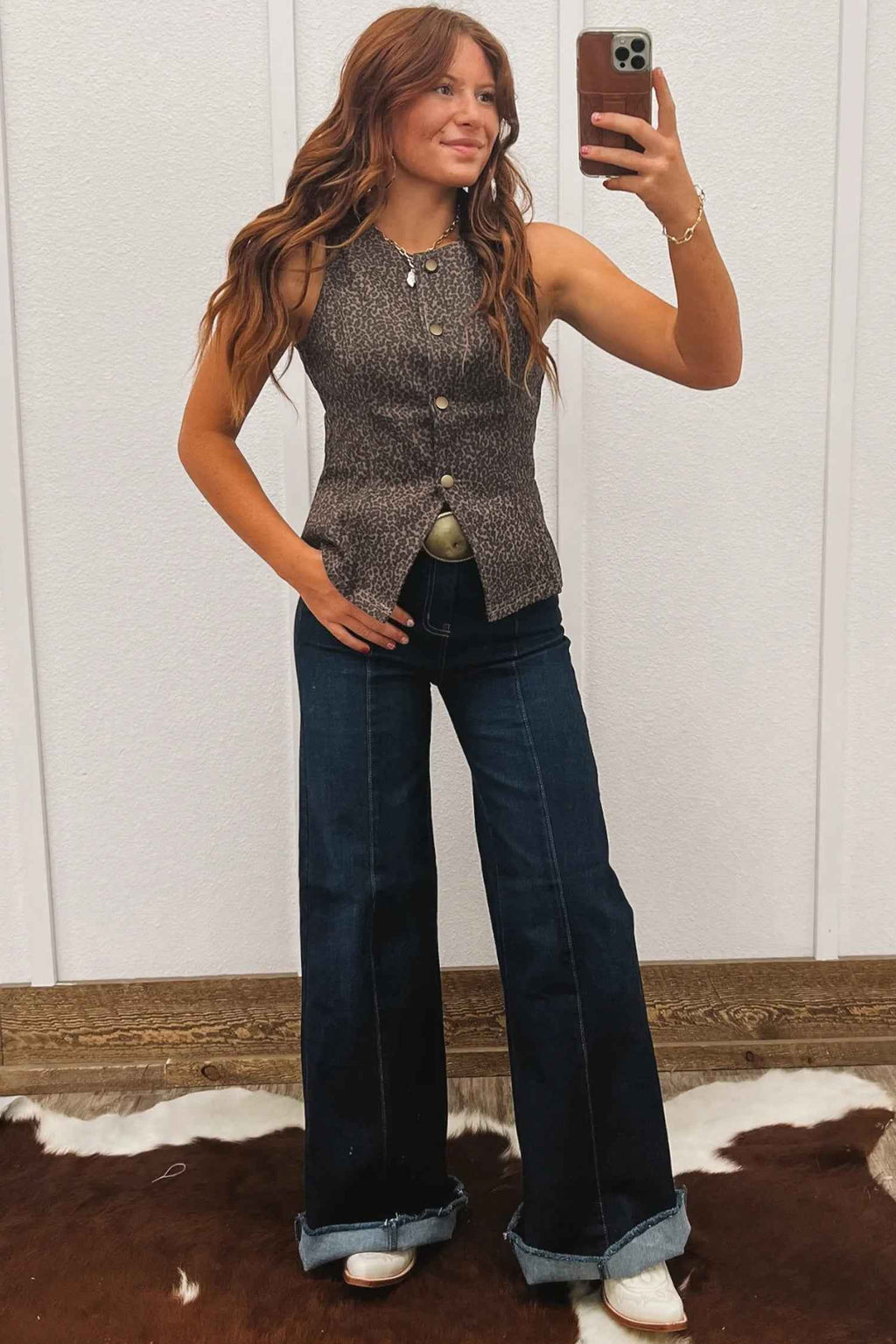 Brown Leopard Print Slim Denim Vest