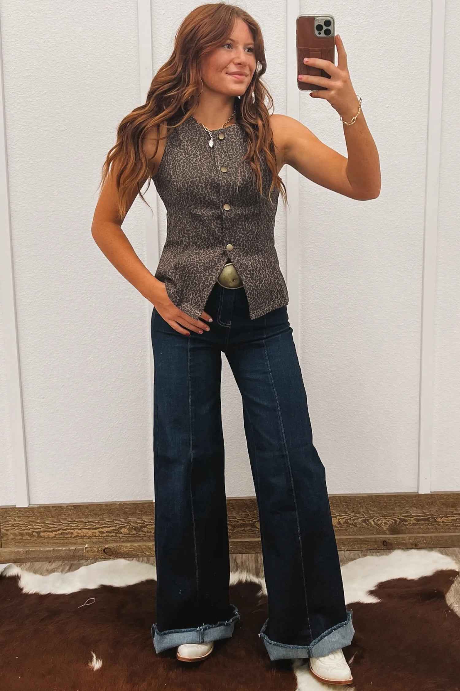 Brown Leopard Print Slim Denim Vest