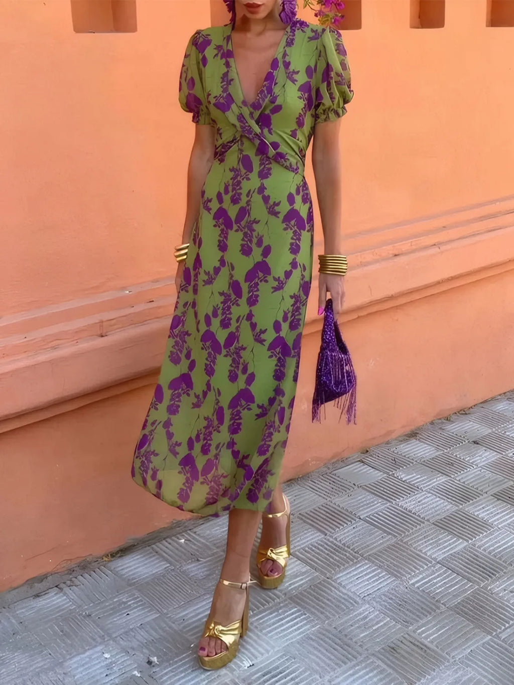 Printed Plunge Short Sleeve Midi Dress by Shopiebay