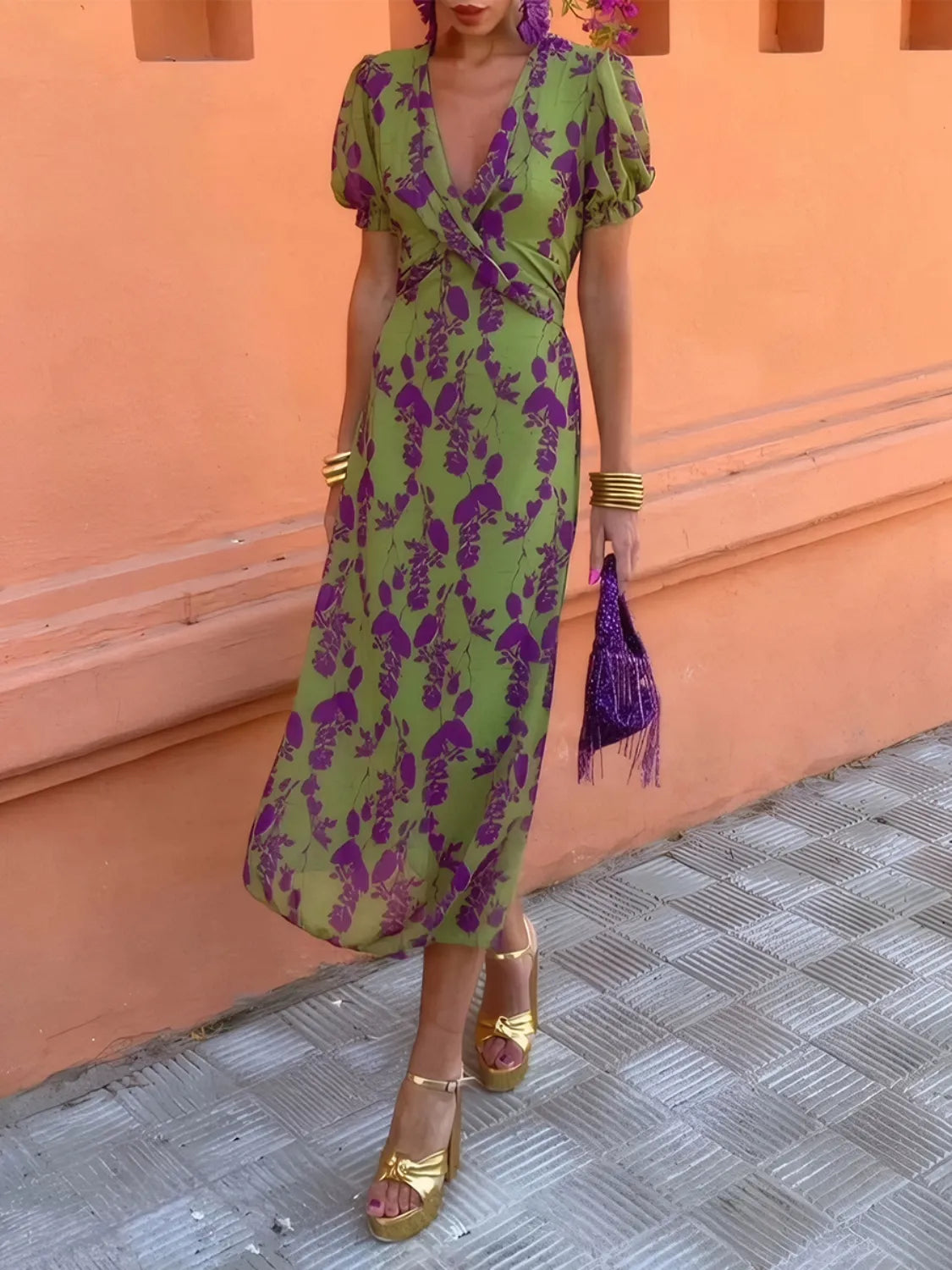 Printed Plunge Short Sleeve Midi Dress by Shopiebay
