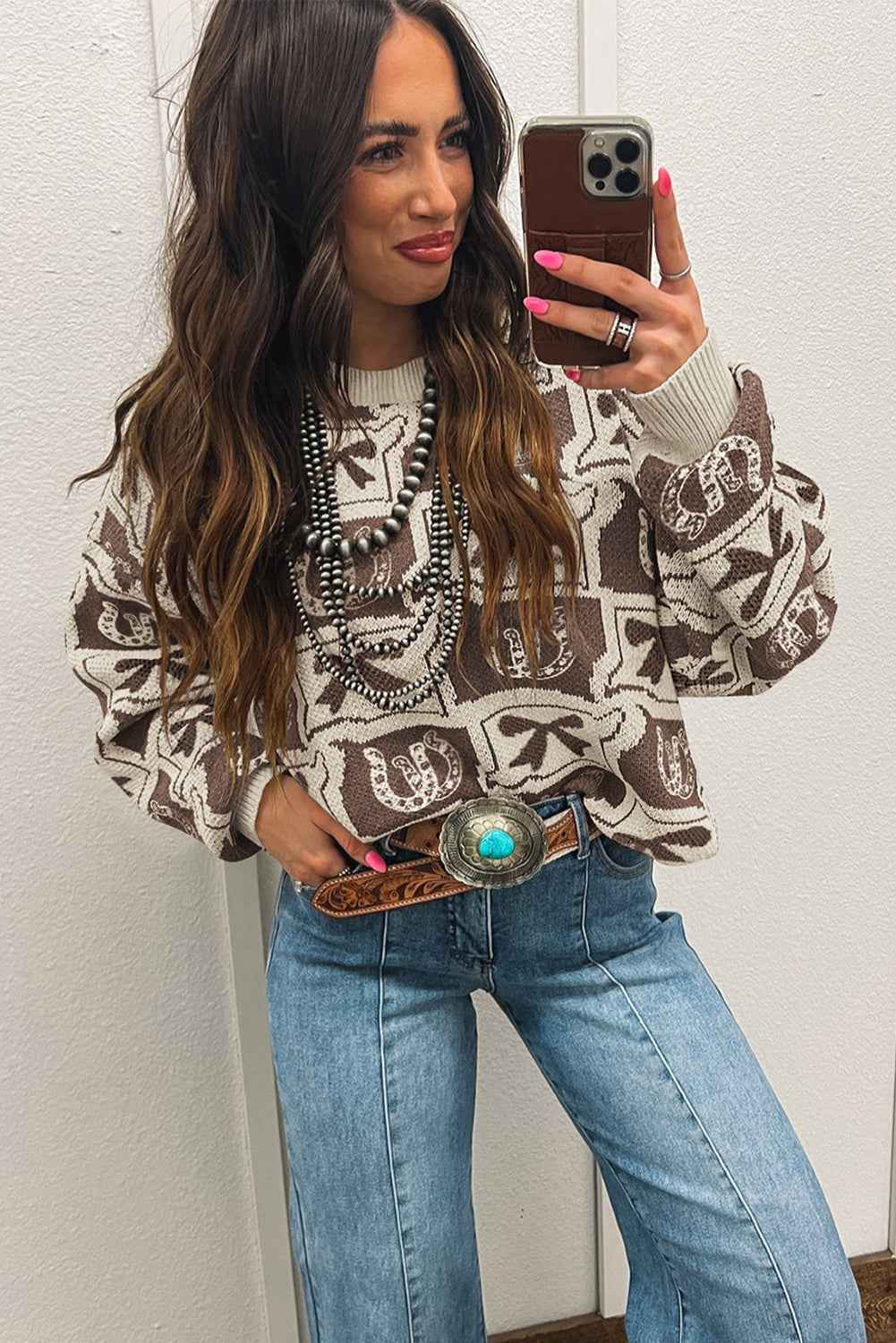 Brown Colorblock Bow Pattern Drop Sleeve Sweater