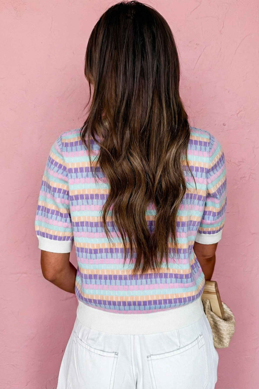 Purple Abstract Striped Knit Short Sleeve Sweater