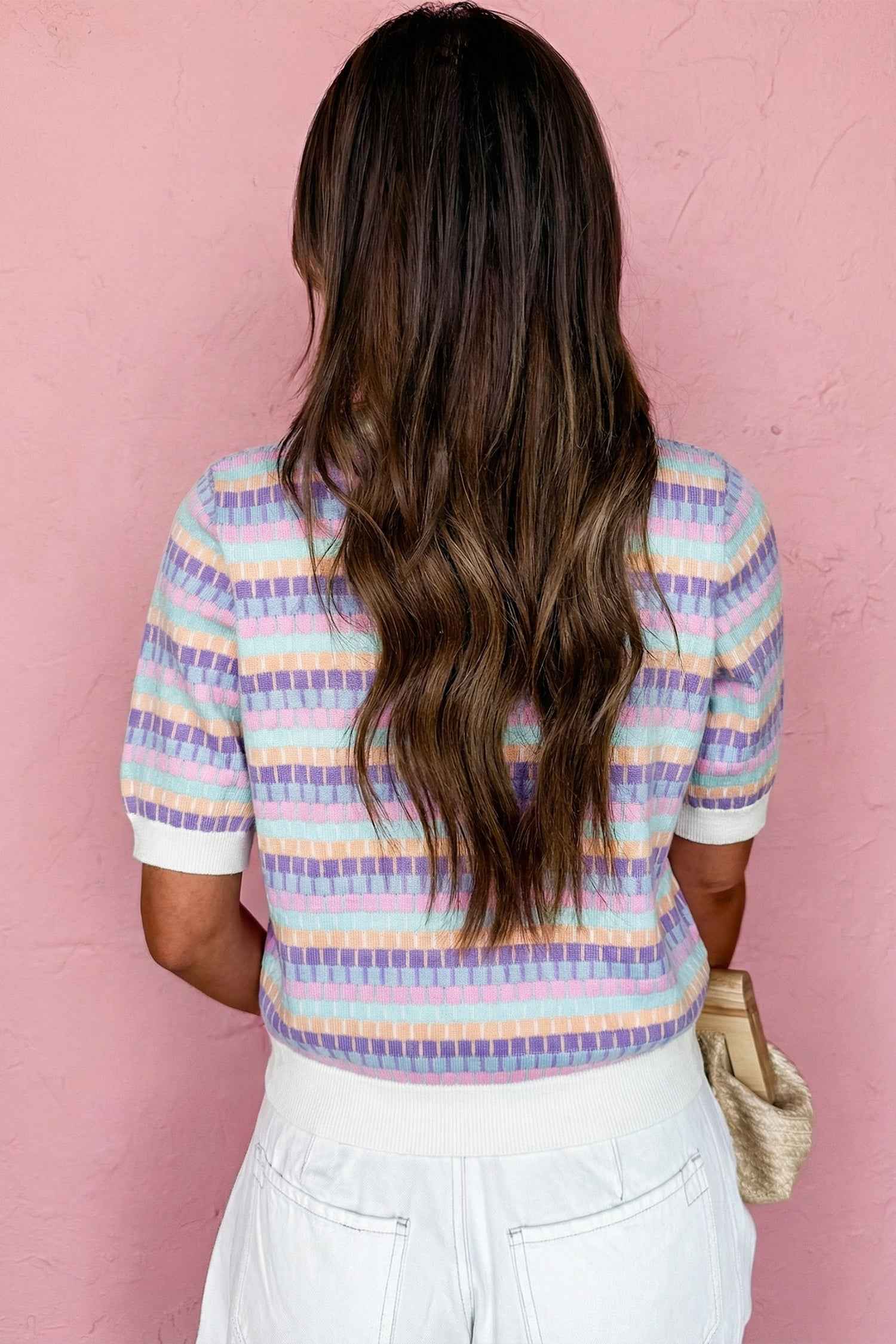 Purple Abstract Striped Knit Short Sleeve Sweater