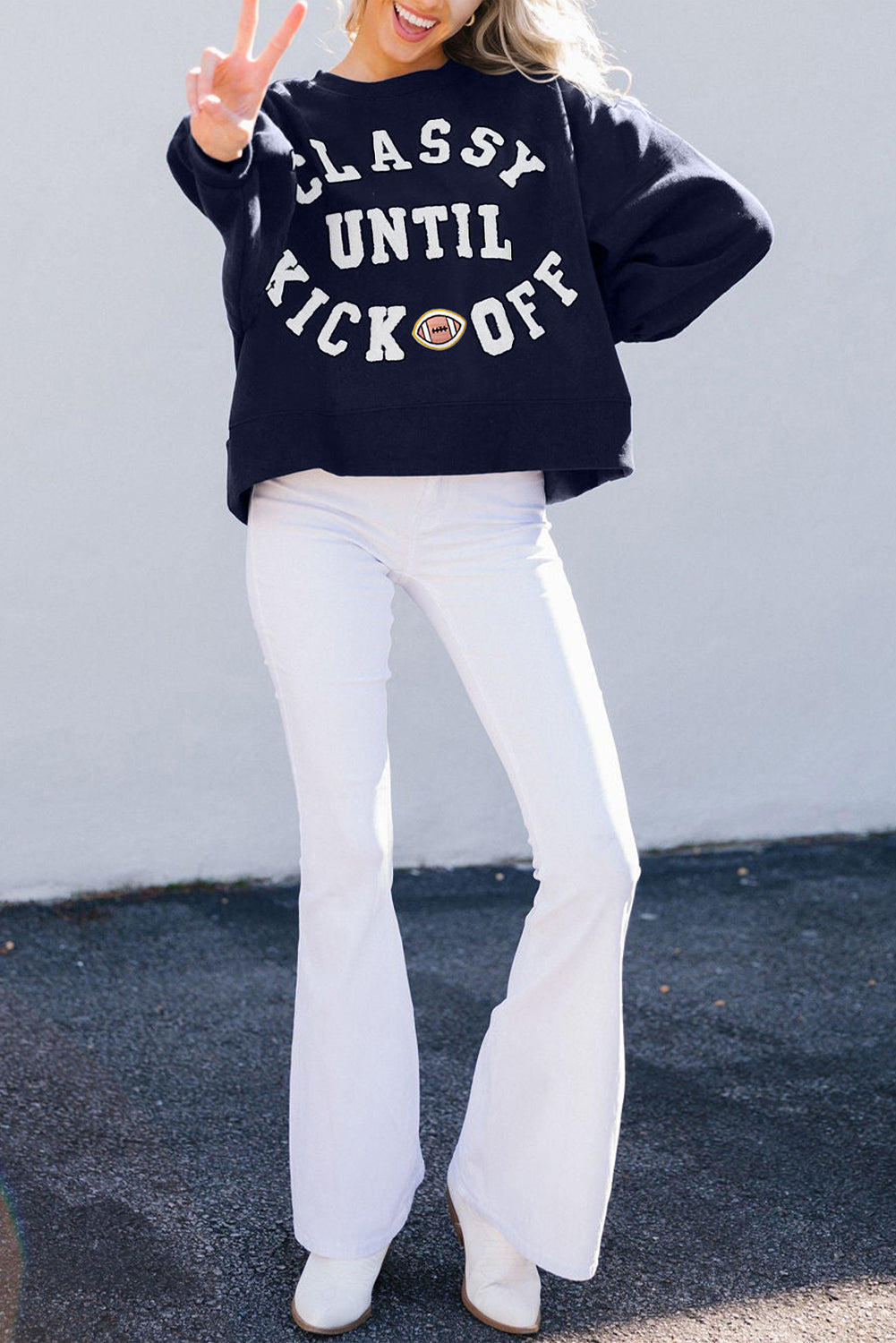 Black CLASSY UNTIL KICKOFF Plush Letter Patched Loose Sweatshirt