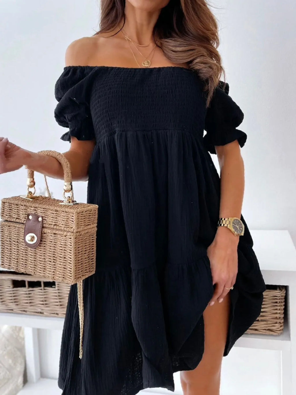 Smocked Off-Shoulder Mini Dress by Shopiebay