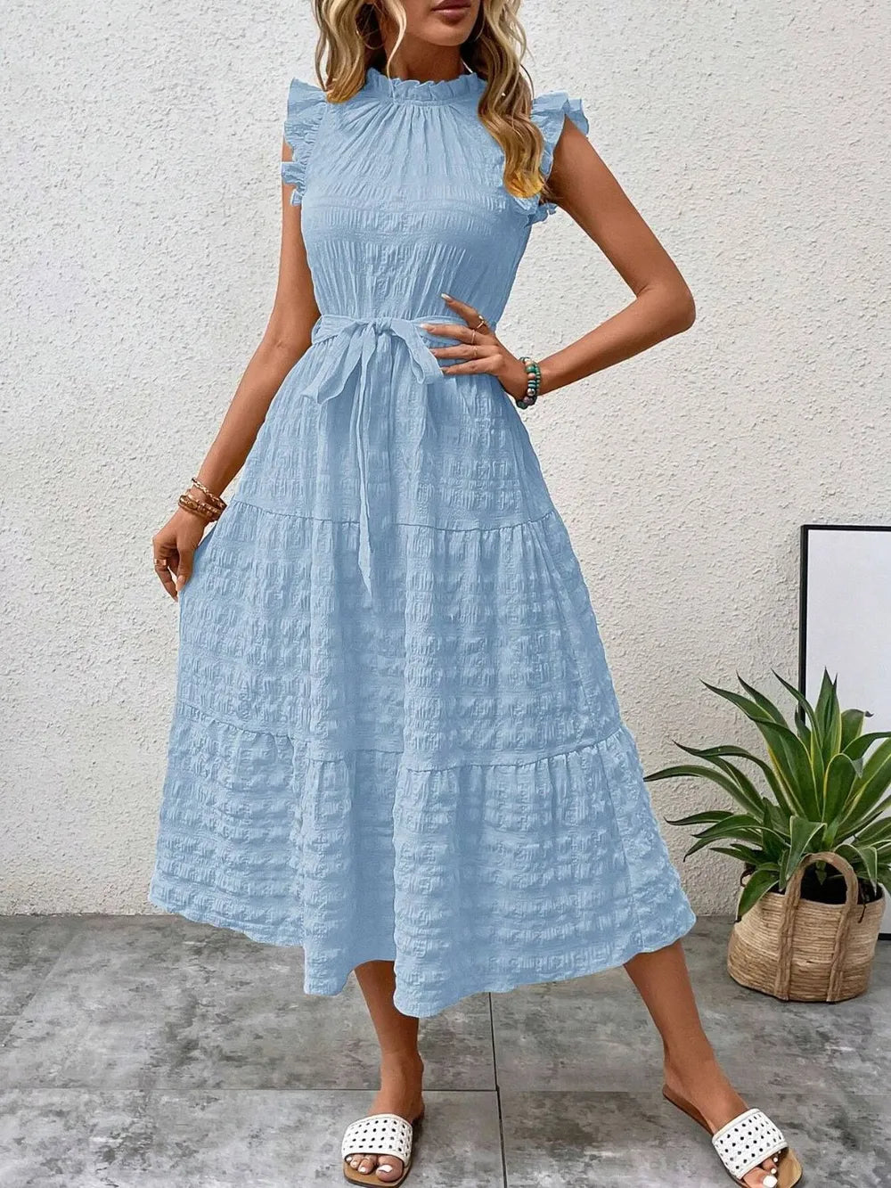Tied Ruffled Cap Sleeve Midi Dress by Shopiebay