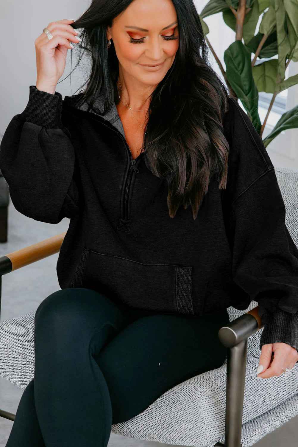 Black Half Zip Kangaroo Pocket Mineral Wash Baggy Hoodie